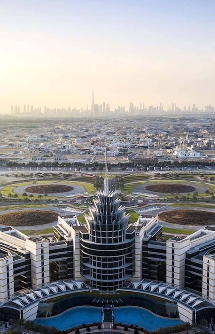 Aerial view of Dubai Silicon Oasis with modern buildings and landscaped roads