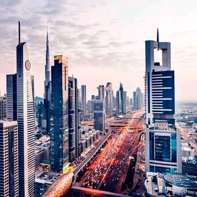 Dubai skyline, Sheikh Zayed Road, dusk